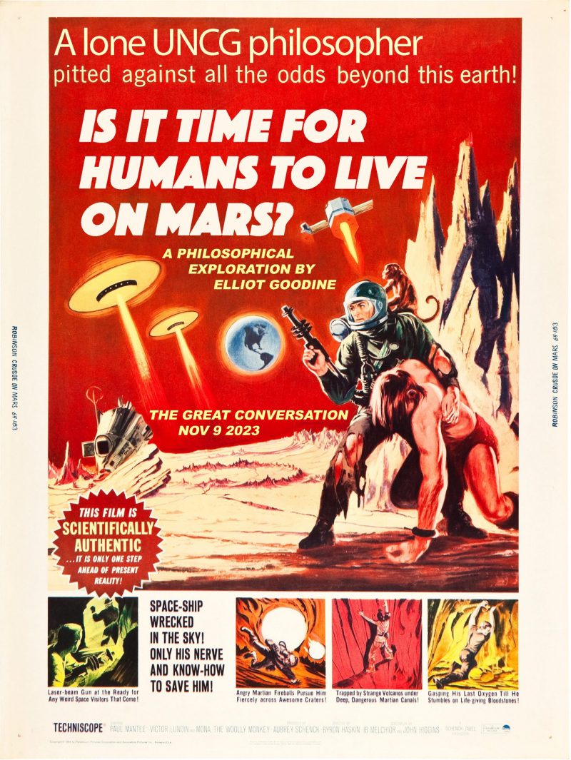 Poster for the Great Conversation Series event titled "Is it time for humans to live on Mars?"
