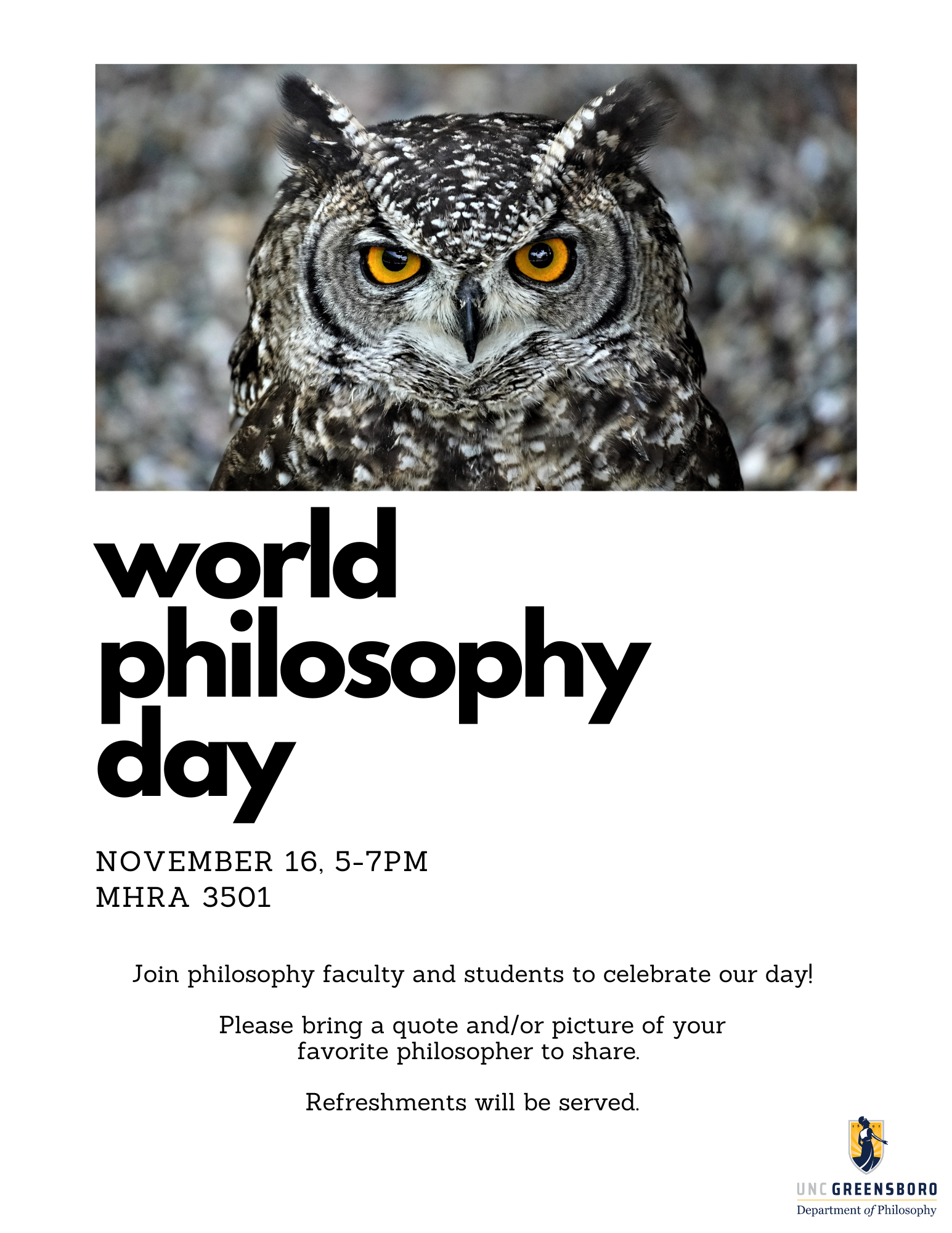 The poster for World Philosophy Day 2023 with a photo of an owl at top.