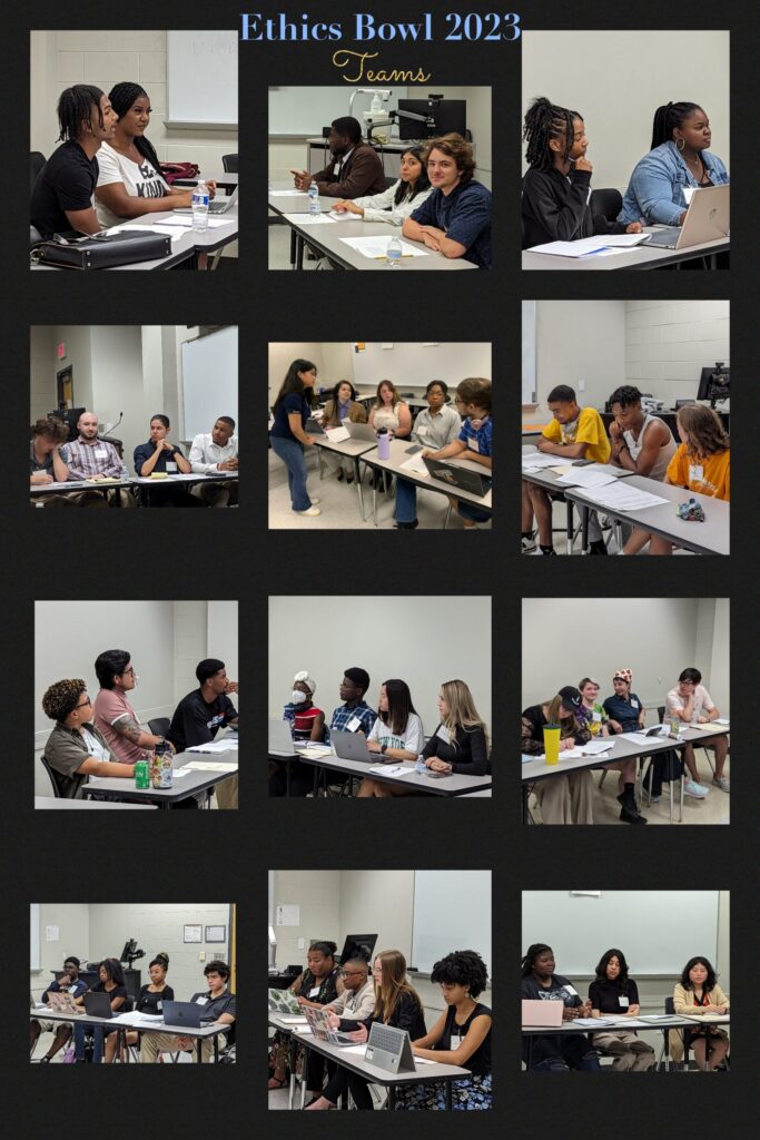 a collage of images showing the different teams seated together at tables