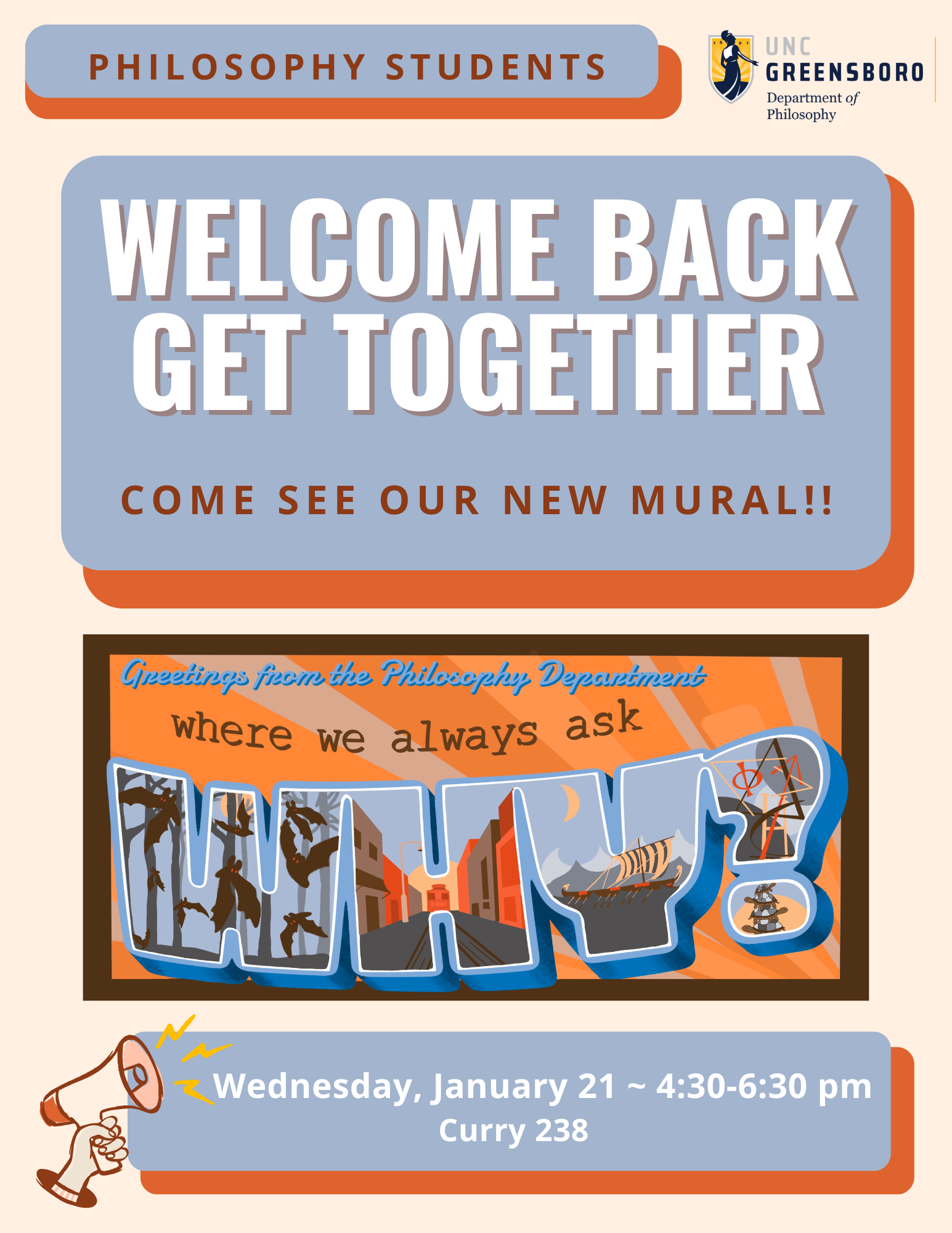 Philosophy Spartans, you’re invited to a Welcome Back Get Together on Wednesday, Jan 21, 2026, 4:30-6:30pm in Curry 238. Come to see our new mural and say hi to your fellow students and professors!