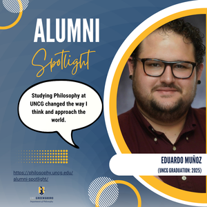 Picture of Eduardo with a quote that says "Studying Philosophy at UNCG changed the way I think and approach the world."